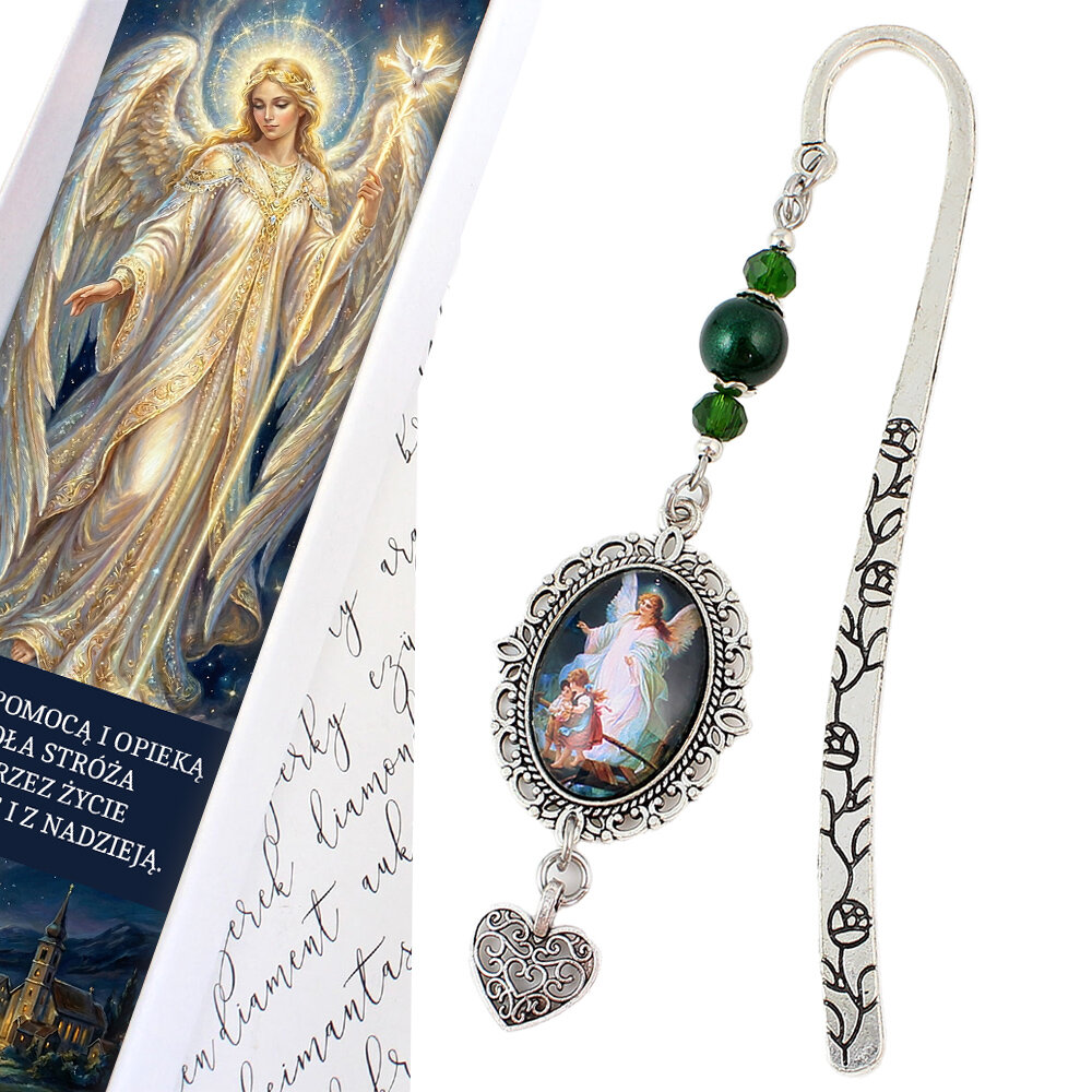 Chrześcijańska zakładka do książki z grafiką Anioła Stróża pod szkiełkiem, antyczne srebro, prezent na komunię świętą w pudełku.
