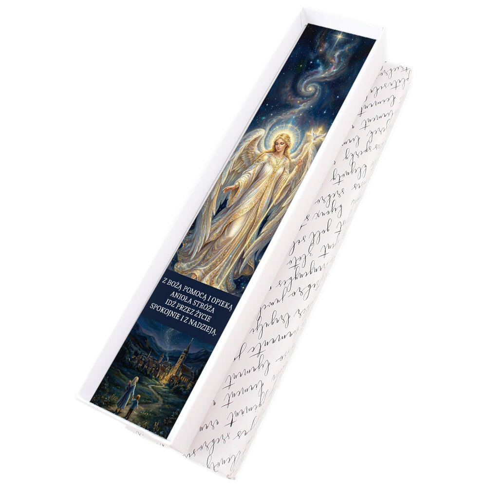 Chrześcijańska zakładka do książki z grafiką Anioła Stróża pod szkiełkiem, antyczne srebro, prezent na komunię świętą w pudełku.