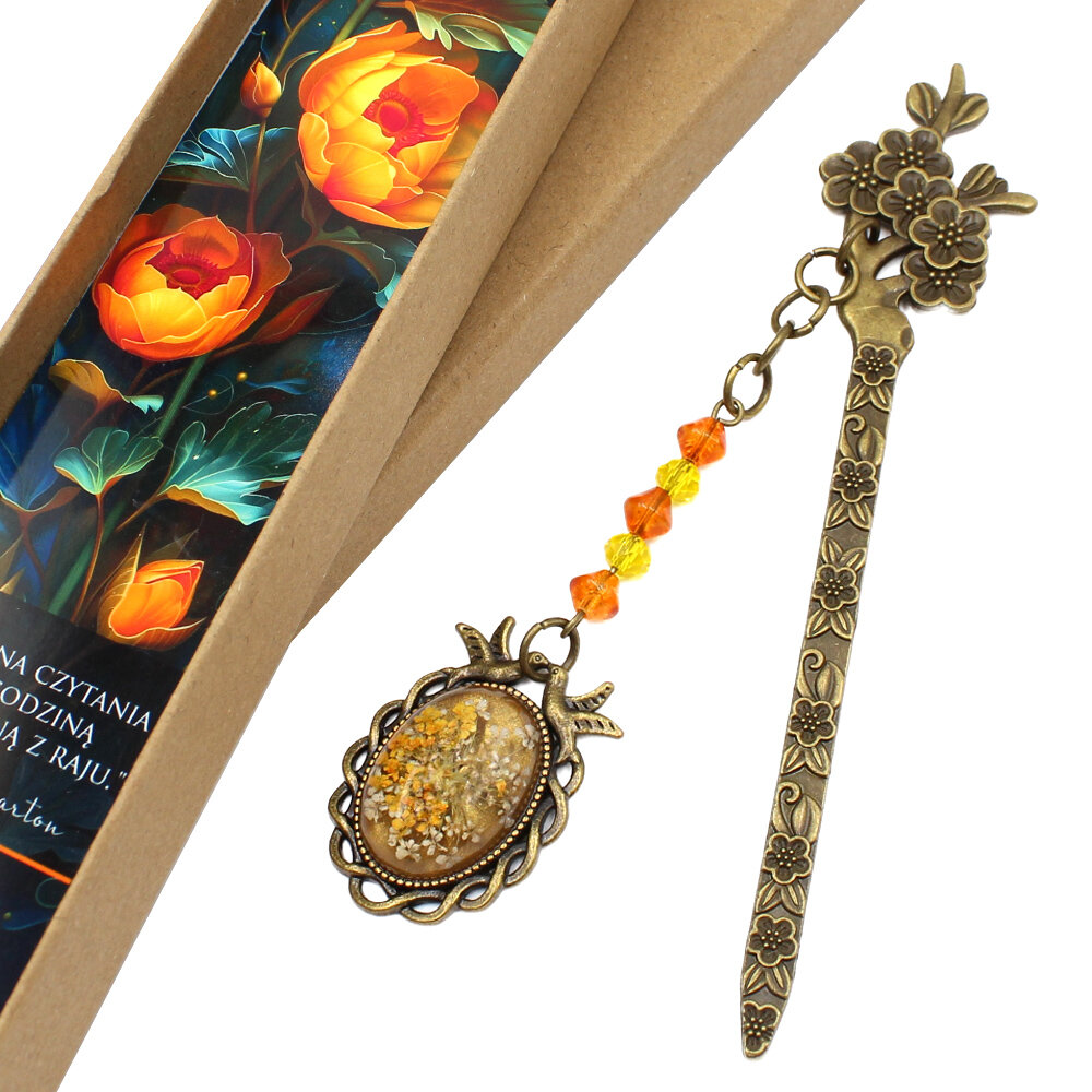 zakładka do książki z prawdziwymi kwiatami w żywicy pomarańczowa jesienna upominek dla mamy dla babci