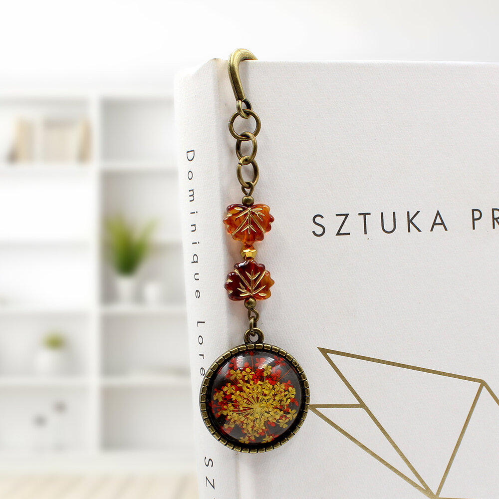 zakładka do książki z prawdziwymi kwiatami w żywicy żółta jesienna upominek