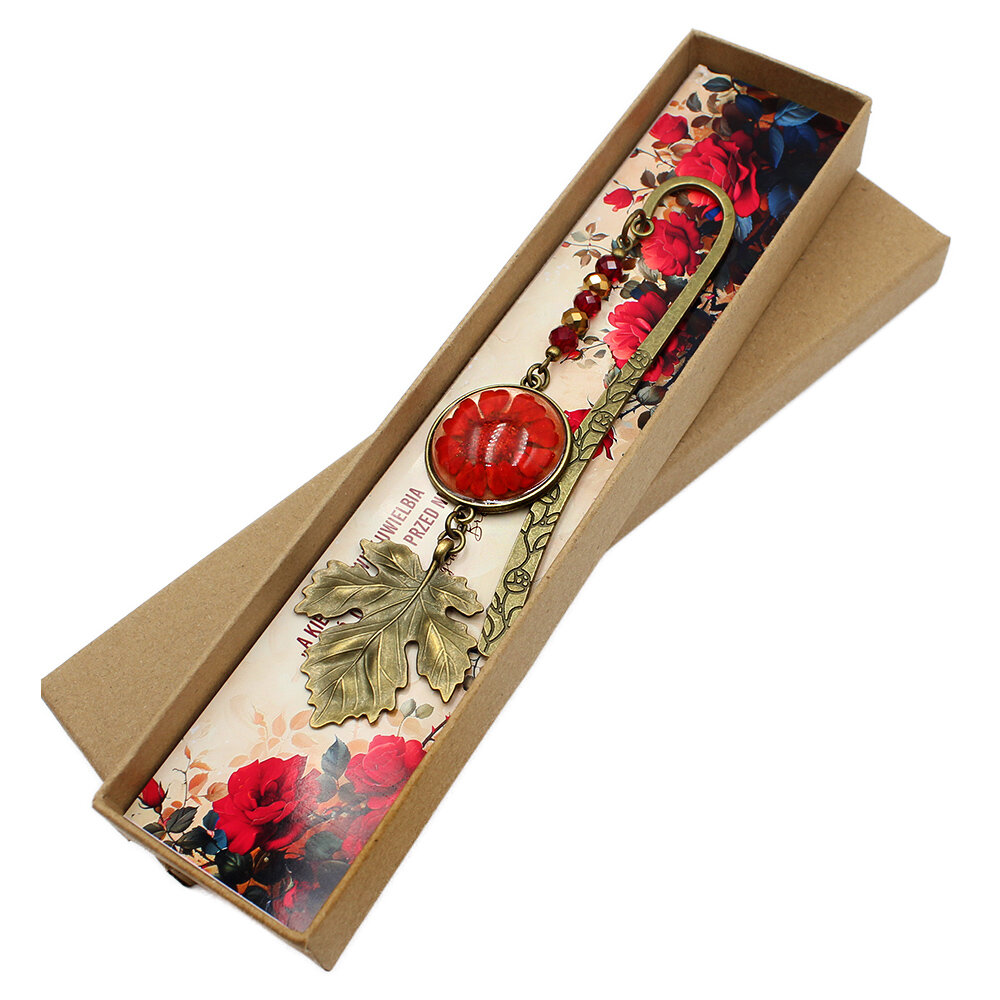 zakładka do książki z prawdziwymi kwiatami w żywicy czerwona jesienna upominek