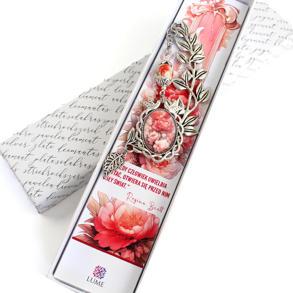 Zakładka do książki z kwiatami peonii – prezent handmade Zakładka do książki z kwiatami peonii, liść i ceramika – Lume Design