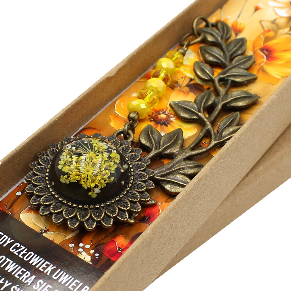 zakładka do książki z prawdziwymi kwiatami w żywicy żółta jesienna upominek