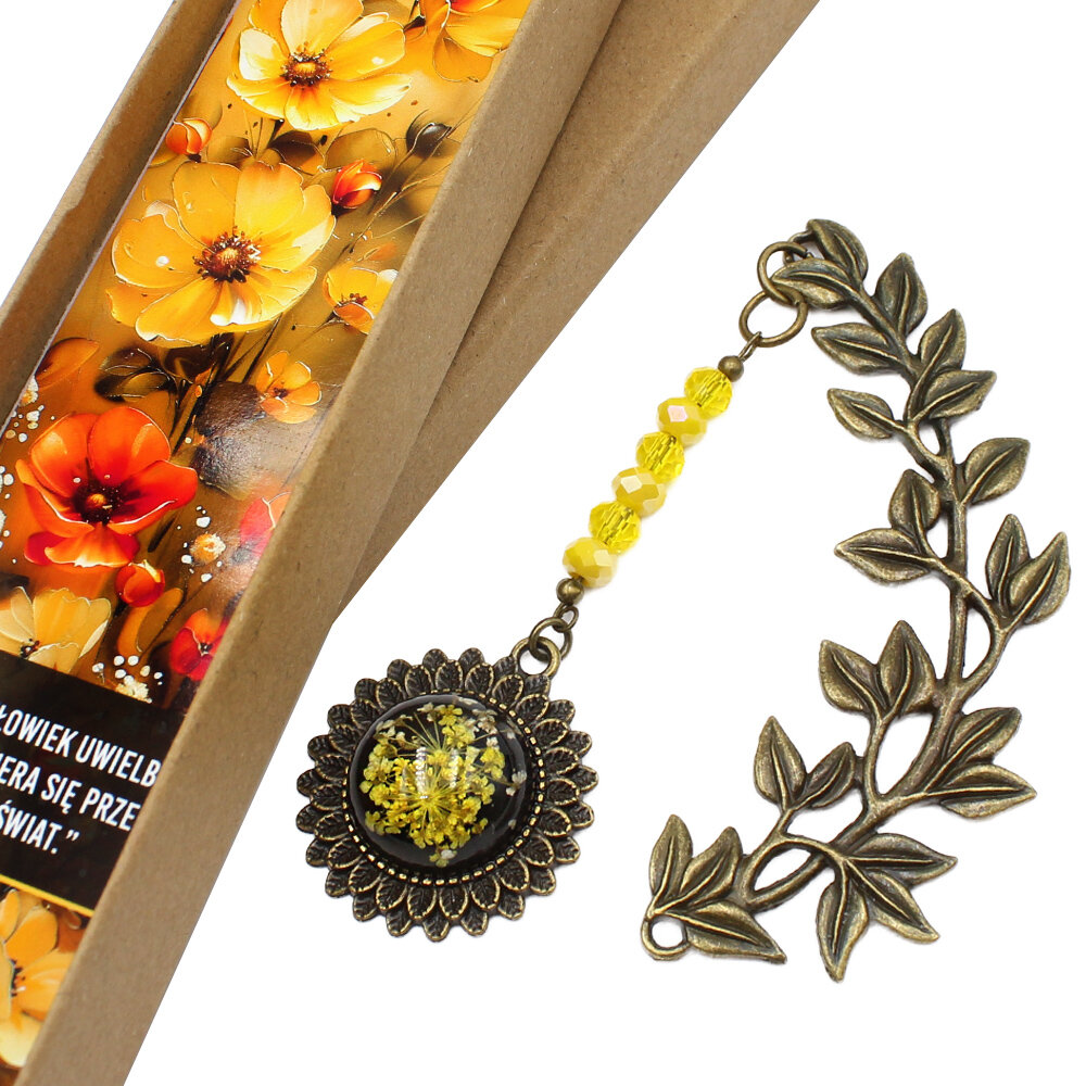 zakładka do książki z prawdziwymi kwiatami w żywicy żółta jesienna upominek
