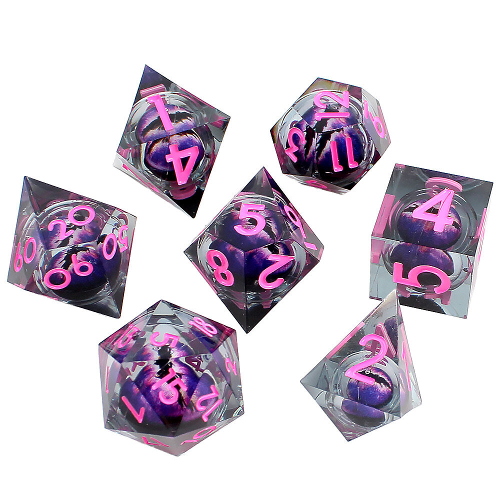 Zestaw 7 kości RPG z dymnej żywicy z ostrymi krawędziami i fioletowym okiem smoka w środku | Kości Liquid Core Violet Wyrm's Eye Lume Design
