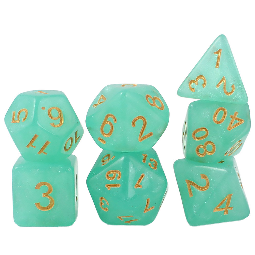 Zestaw kości RPG Turkusowe kości wielościenne do RPG ze złotymi cyframi i połyskiem.
