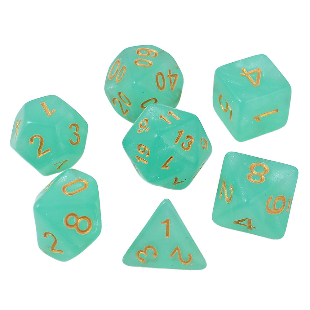 Zestaw kości RPG Turkusowe kości wielościenne do RPG ze złotymi cyframi i połyskiem.