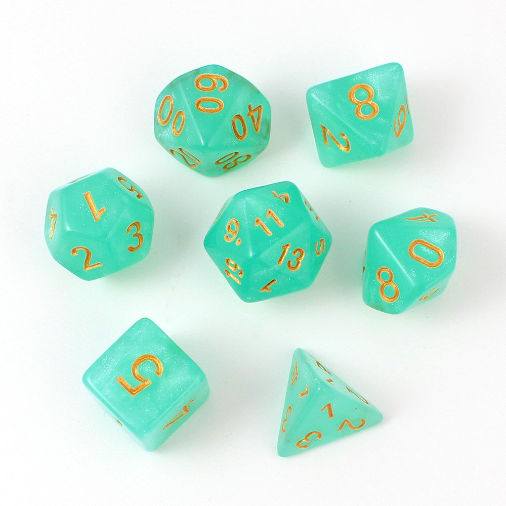 Zestaw kości RPG Turkusowe kości wielościenne do RPG ze złotymi cyframi i połyskiem.