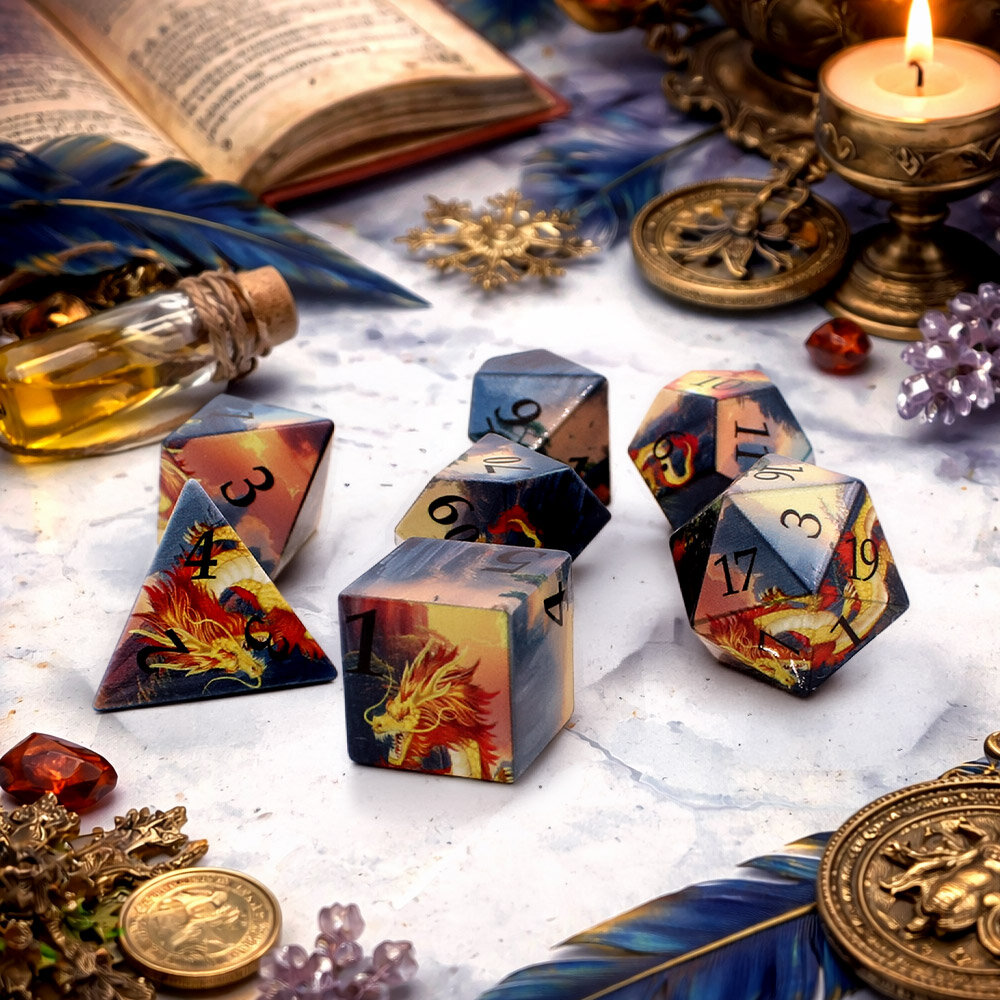 Zestaw kości RPG smok orientalny fantasy semi sharp DnD shenlong kostki
