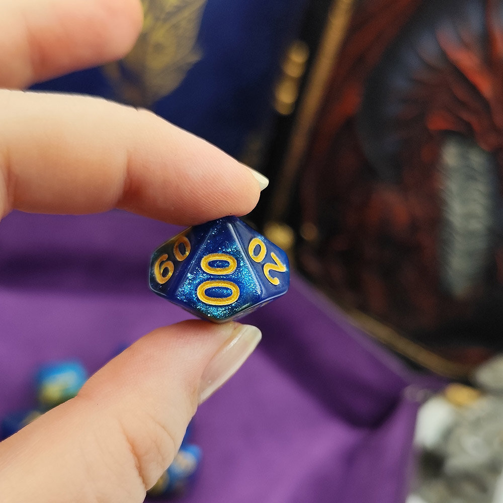 Zestaw kostek RPG klasyczne błękitne mieniące zaokrąglone DnD