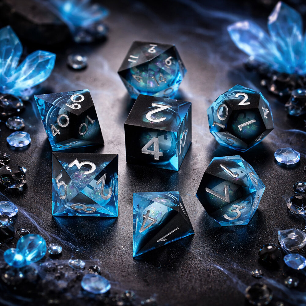 Zestaw kości wielościennych RPG płynny rdzeń czarno niebieskie ostre DnD