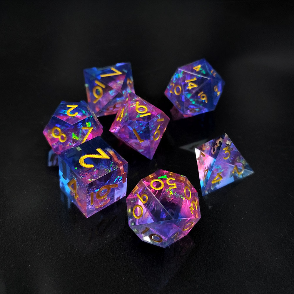Zestaw kości wielościennych RPG pryzmatyczne różowo niebieskie ostre DnD