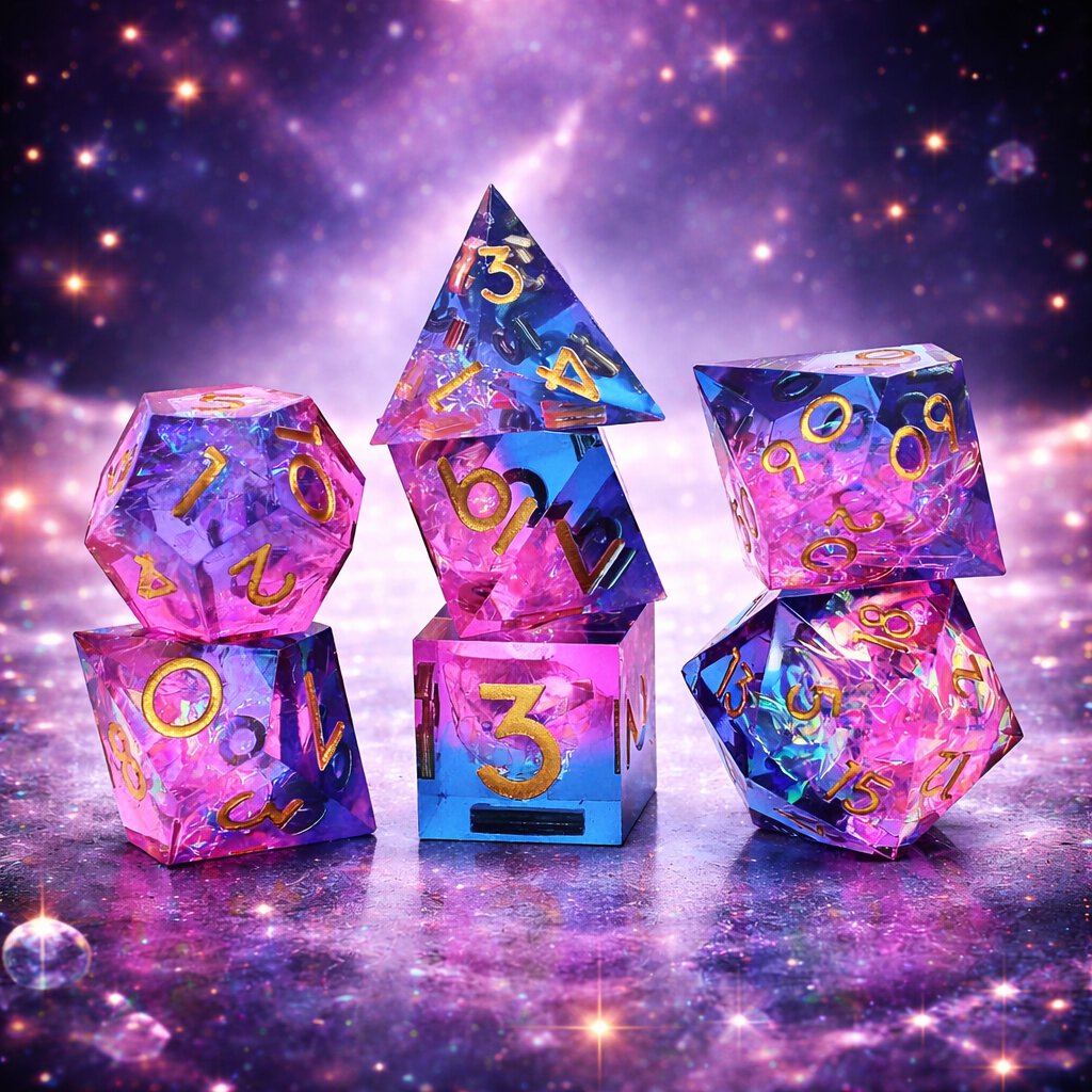 Zestaw kości wielościennych RPG pryzmatyczne różowo niebieskie ostre DnD