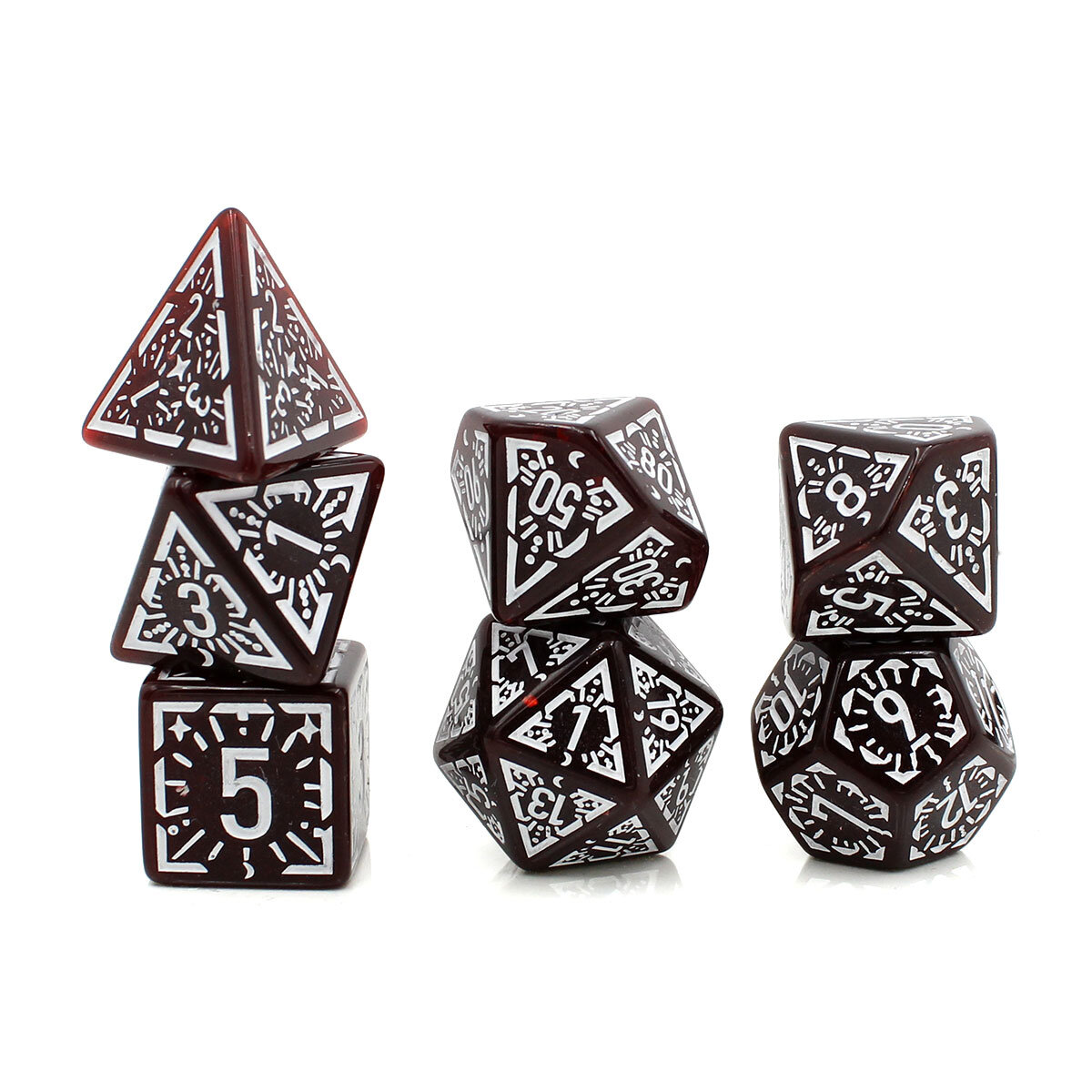 Zestaw kości wielościennych RPG bordowe runiczne zaokrąglone DnD