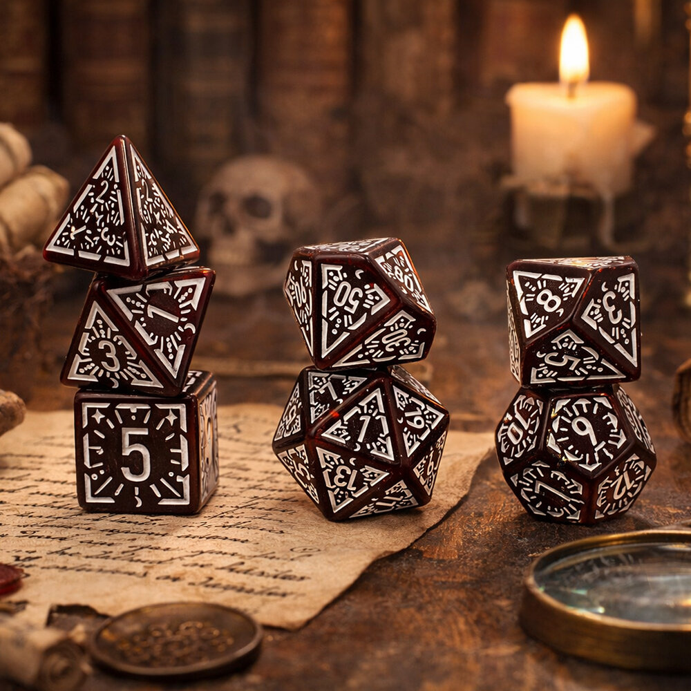 Zestaw kości wielościennych RPG bordowe runiczne zaokrąglone DnD