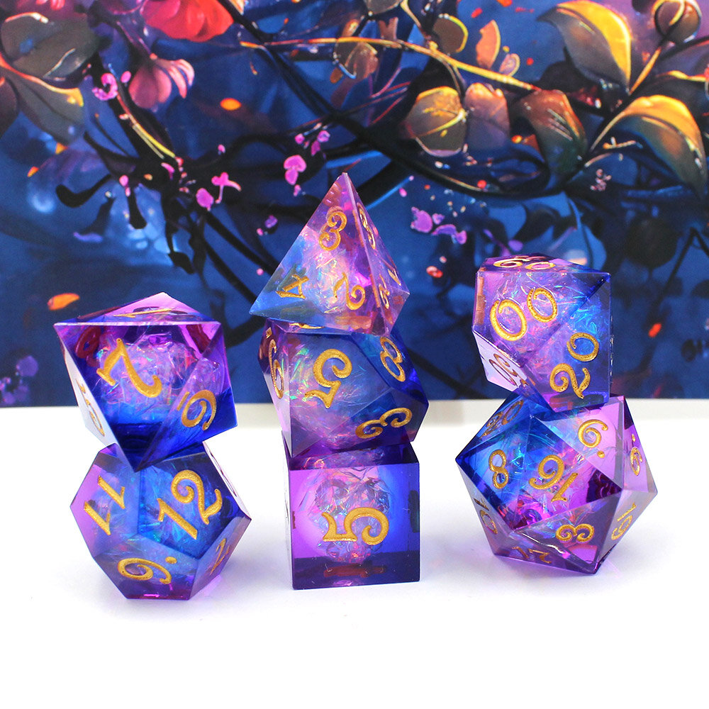 Zestaw kości wielościennych RPG różowe niebieskie ostre DnD