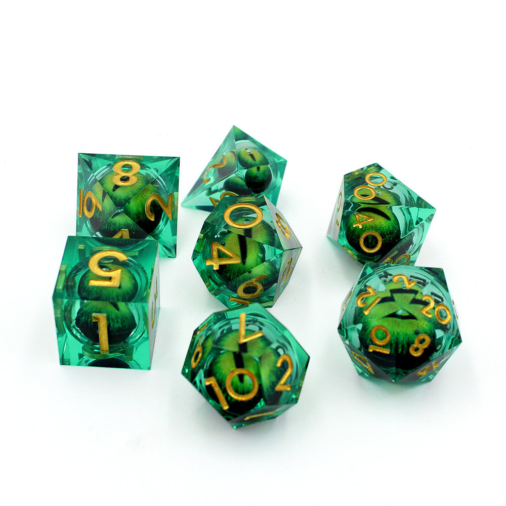 Kości RPG liquid core zielone z okiem – zestaw wielościenny do DnD