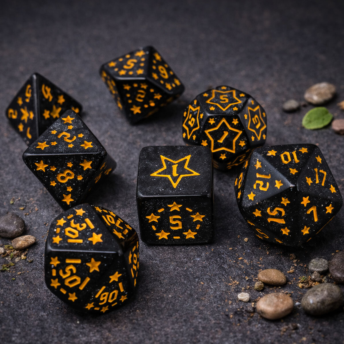 Kości Midnight Stars komplet akrylowy Zestaw kości RPG Midnight Stars czarne w żółte gwiazdki