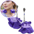 Duże kolczyki z tkaniny fioletowe kwiaty awangardowe srebrne handmade