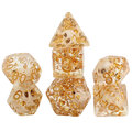 Zestaw 7 biało-złotych kości RPG z żywicy o zaokrąglonych krawędziach | Kości Żywiczne Outlet Veiled Skulls Lume Design