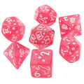 Zestaw malinowych kości wielościennych Cat Magic z brokatem i wzorem w urocze koty. Zestaw malinowych kości wielościennych Cat Magic z brokatem i wzorem w urocze koty.