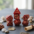 Zestaw 7 akrylowych kości RPG o zaokrąglonych krawędziach w kolorze czerwonego marmuru ze zdobieniami smoków | Akrylowe Kości Dragon's Ruby Lume Design Zestaw 7 akrylowych kości RPG o zaokrąglonych krawędziach w kolorze czerwonego marmuru ze zdobieniami smoków | Akrylowe Kości Dragon's Ruby Lume Design