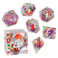 Zestaw 7 przezroczystych kości RPG z żywicy z ilustracjami grzybów i fioletowym płynnym wnętrzem | Kości Liquid Core Mystic Shrooms Lume Design