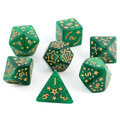 Zestaw 7 akrylowych kości RPG w zielonym kolorze ze złotymi gwiazdkami i cyframi | Akrylowe Kości Emerald Stars Lume Design Zestaw 7 akrylowych kości RPG w zielonym kolorze ze złotymi gwiazdkami i cyframi | Akrylowe Kości Emerald Stars Lume Design