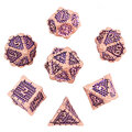 Metalowe kości RPG w kolorze różowego złota z fioletowym wypełnieniem i ornamentami | Kości Metalowe Royal Amethyst & Rose Gold Lume Design