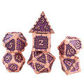 Metalowe kości RPG w kolorze różowego złota z fioletowym wypełnieniem i ornamentami | Kości Metalowe Royal Amethyst & Rose Gold Lume Design