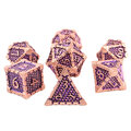 Metalowe kości RPG w kolorze różowego złota z fioletowym wypełnieniem i ornamentami | Kości Metalowe Royal Amethyst & Rose Gold Lume Design