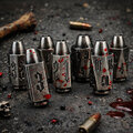 Zestaw 7 metalowych kości RPG o kształcie pocisków z krwawymi śladami w kolorze ciemnego srebra | Kości Metalowe Naboje Bloodied Bullets Lume Design