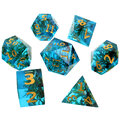 Zestaw 7 kości RPG z turkusowej żywicy o ostrych krawędziach z zatopionymi roślinami | Kości Żywiczne Sunken Garden Lume Design