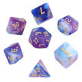 Zestaw 7 akrylowych kości RPG o zaokrąglonych krawędziach ze wzorem dymu w odcieniach fioletu, błękitu i bieli | Akrylowe Kości Twilight Mist Lume Design