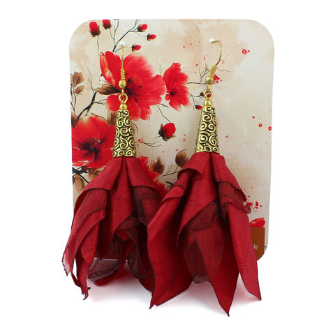 Długie kolczyki kwiaty Lume Design burgundowe czerwone antyczne złoto Długie kolczyki kwiaty Lume Design burgundowe czerwone antyczne złoto