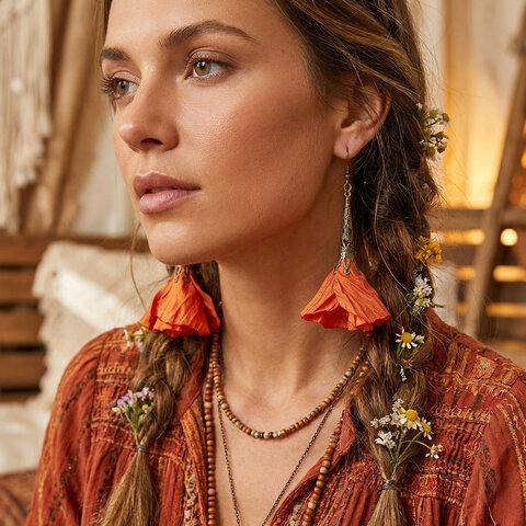 Długie kolczyki kwiaty Lume Design pomarańczowe żółte antyczny brąz