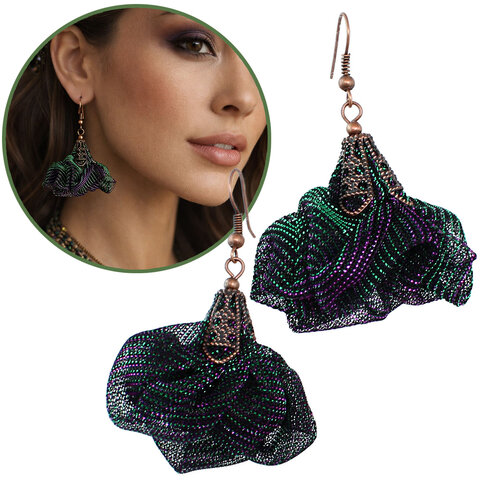 Ultralekkie kolczyki kwiaty Lume Design duochrom zielony fiolet siateczka miedź