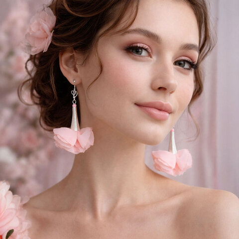 Długie kolczyki kwiaty pudrowy róż srebrne bigle zamknięte