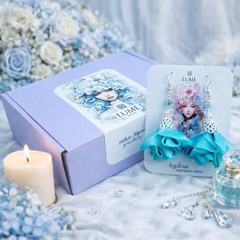 Długie kolczyki kwiaty morskie turkusowe iryzujące Lume Design srebrne