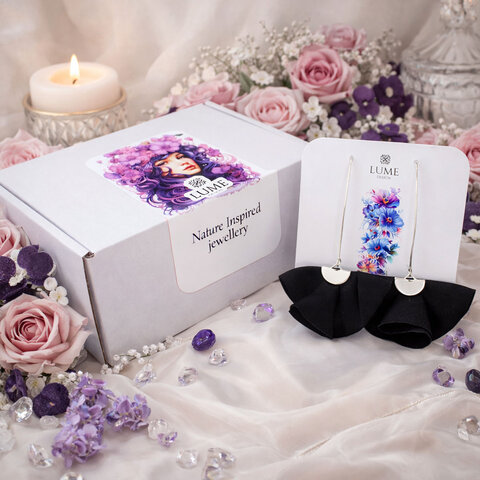 Długie kolczyki wachlarze czarne Lume Design srebrne bigle rybki