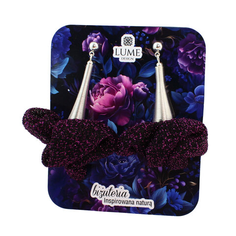 Kolczyki z tkaniny fioletowe błyszczące lekkie handmade asymetryczne