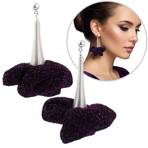 Kolczyki z tkaniny fioletowe błyszczące lekkie handmade asymetryczne