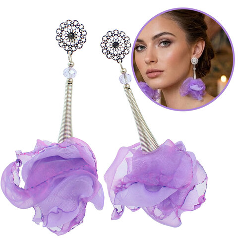 Kolczyki z tkaniny lawendowe lekkie mieniące handmade oksydowane
