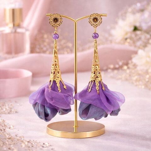 Kolczyki z tkaniny fioletowe mieniące lekkie handmade złote