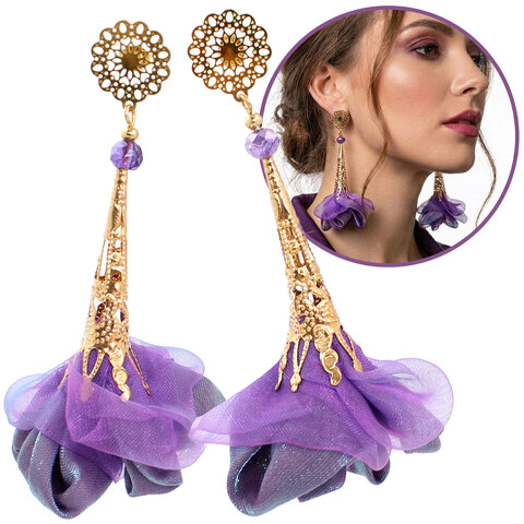 Kolczyki z tkaniny fioletowe mieniące lekkie handmade złote