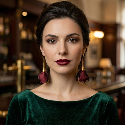 Długie, wiszące kolczyki w kształcie kwiatów uformowanych z asymetrycznych płatków tkaniny w kolorze ciemnym burgundowym Długie, wiszące kolczyki w kształcie kwiatów uformowanych z asymetrycznych płatków tkaniny w kolorze ciemnym burgundowym