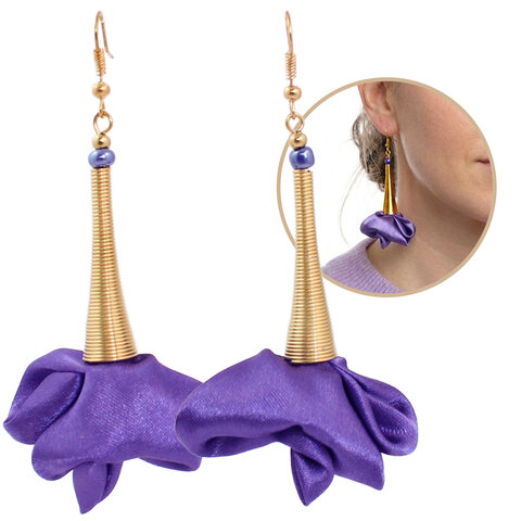 Długie kolczyki kwiaty fioletowe satynowe złote bigle Lume Design
