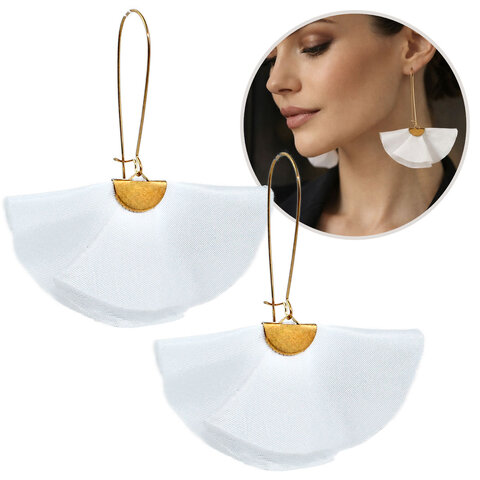 Długie Kolczyki Wachlarze Białe Ślubne Kolor Złoty KC Gold Wiszące