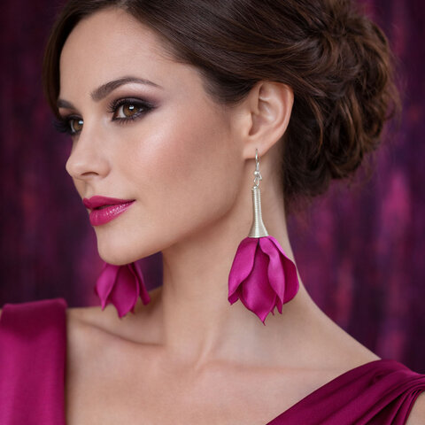 Długie, różowe kolczyki materiałowe fuksja z satynowych płatków kwiatów, srebrne zapięcia Długie, różowe kolczyki materiałowe fuksja z satynowych płatków kwiatów, srebrne zapięcia
