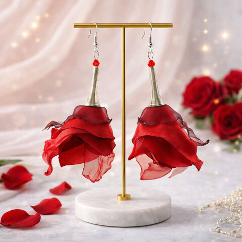 Długie, czerwone materiałowe kolczyki w kształcie kwiatów z elementami w antycznym odcieniu srebra Długie, czerwone materiałowe kolczyki w kształcie kwiatów z elementami w antycznym odcieniu srebra